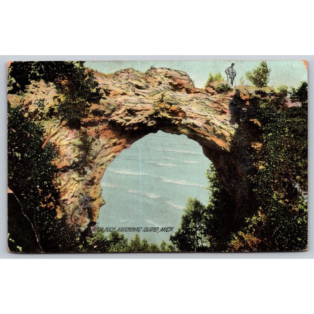 Postcard Michigan Mackinac Island Arch Man on Top Rotograph c1907 Posted